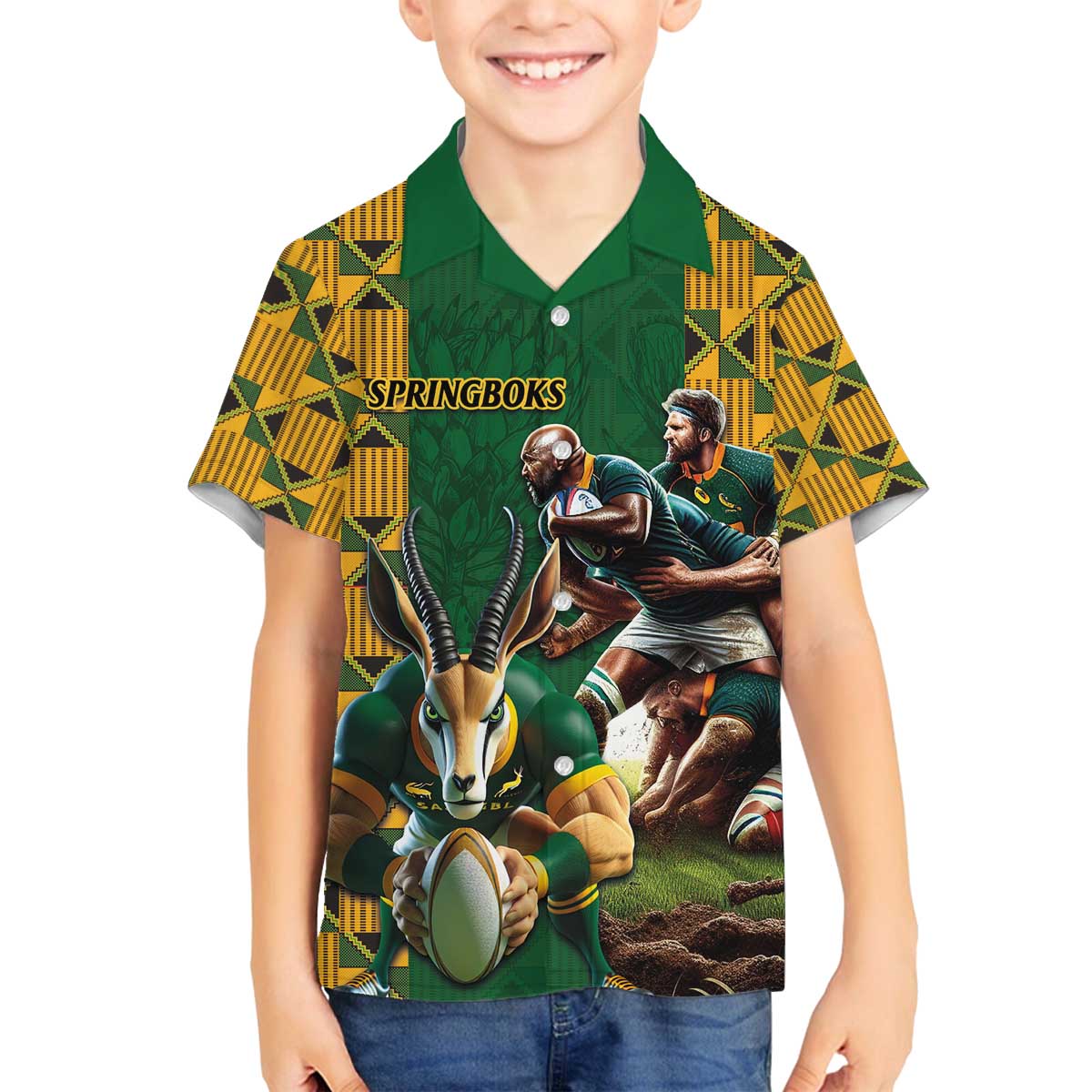 South Africa Rugby Family Matching Off The Shoulder Long Sleeve Dress and Hawaiian Shirt The Springbok Mascot and Rugby Players Fight for Victory - Wonder Print Shop