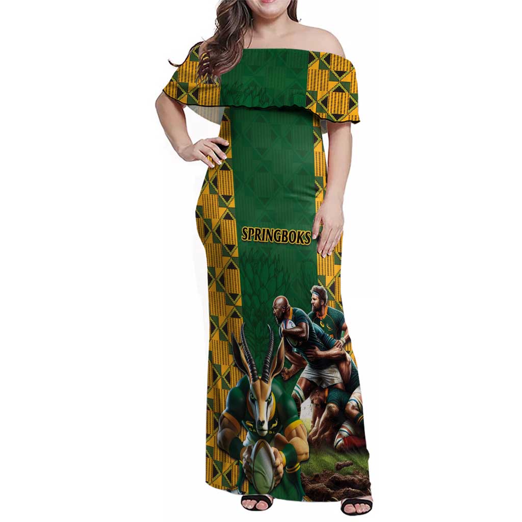 South Africa Rugby Family Matching Off Shoulder Maxi Dress and Hawaiian Shirt The Springbok Mascot and Rugby Players Fight for Victory - Wonder Print Shop
