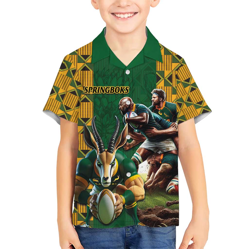 South Africa Rugby Family Matching Short Sleeve Bodycon Dress and Hawaiian Shirt The Springbok Mascot and Rugby Players Fight for Victory - Wonder Print Shop