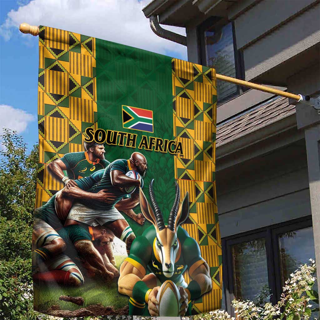 South Africa Rugby Garden Flag The Springbok Mascot and Rugby Players Fight for Victory - Wonder Print Shop
