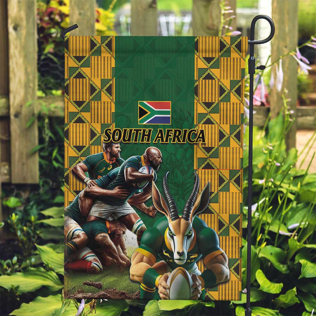 South Africa Rugby Garden Flag The Springbok Mascot and Rugby Players Fight for Victory - Wonder Print Shop