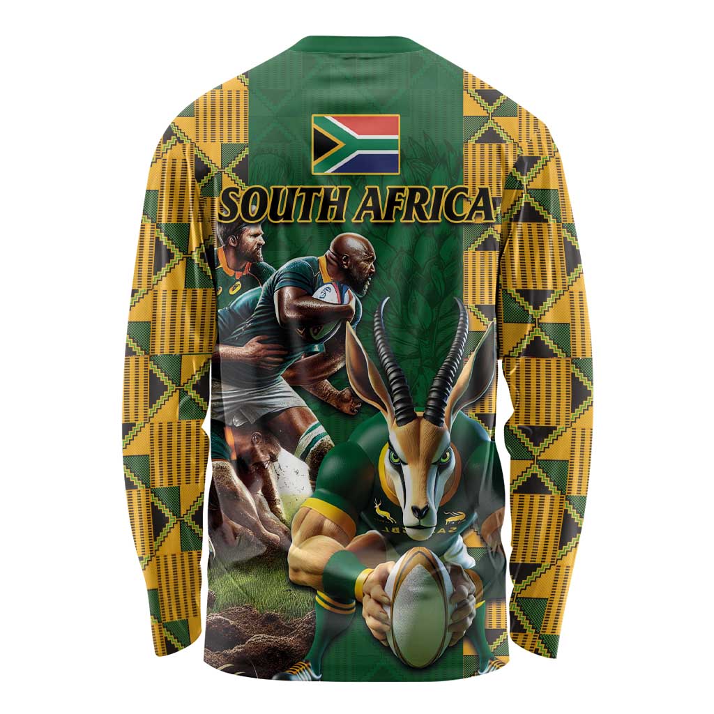 South Africa Rugby Long Sleeve Shirt The Springbok Mascot and Rugby Players Fight for Victory - Wonder Print Shop