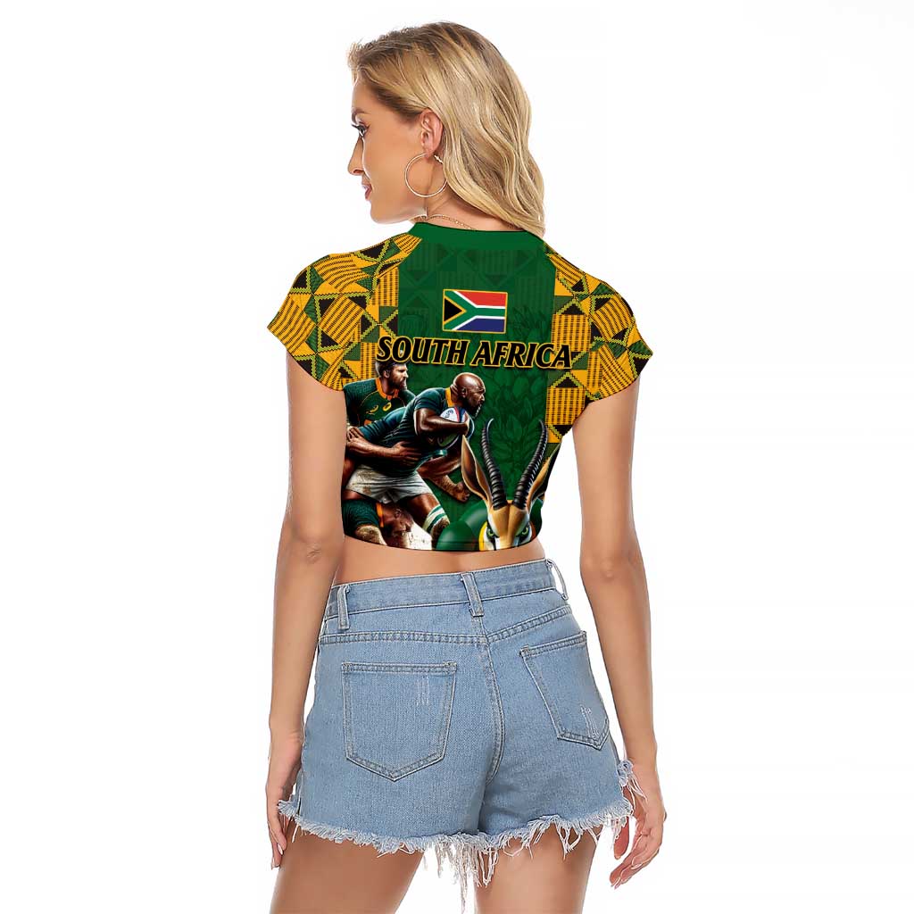 South Africa Rugby Raglan Cropped T Shirt The Springbok Mascot and Rugby Players Fight for Victory - Wonder Print Shop