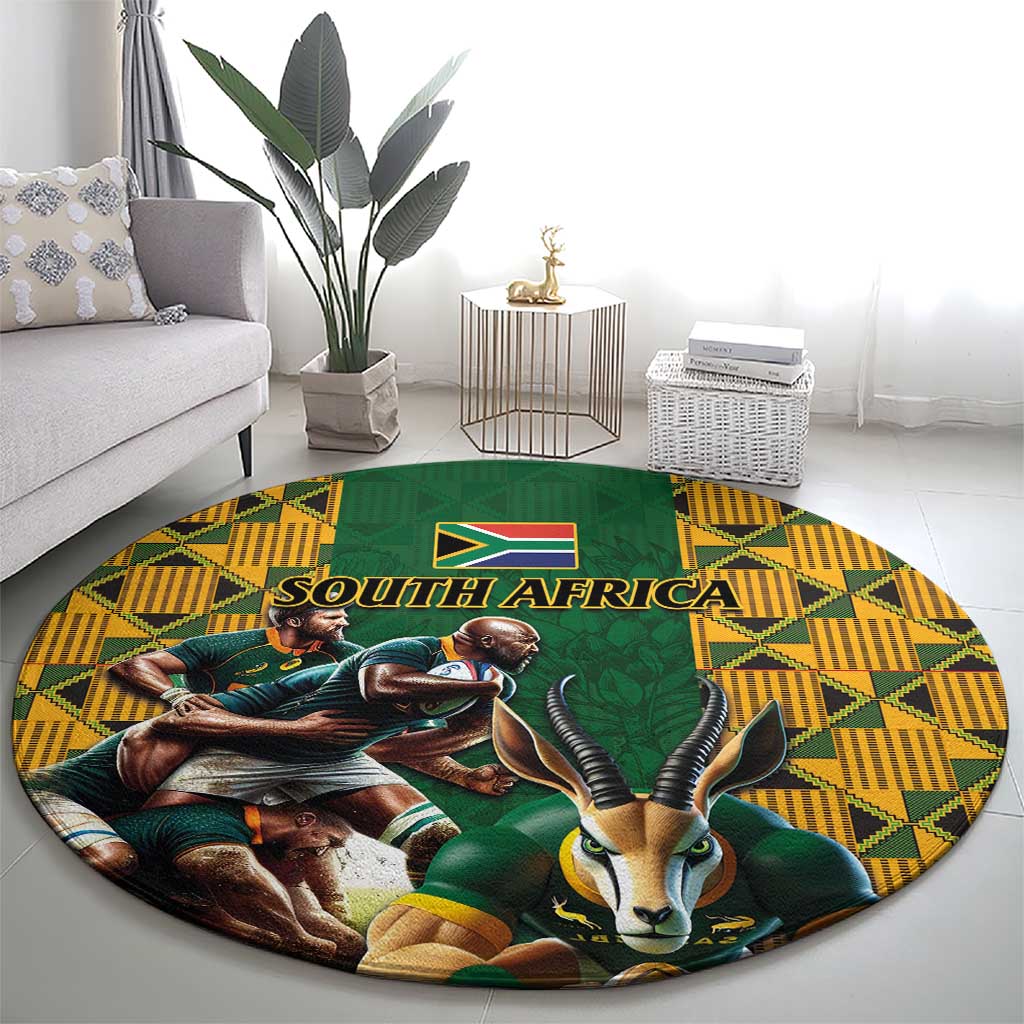 South Africa Rugby Round Carpet The Springbok Mascot and Rugby Players Fight for Victory