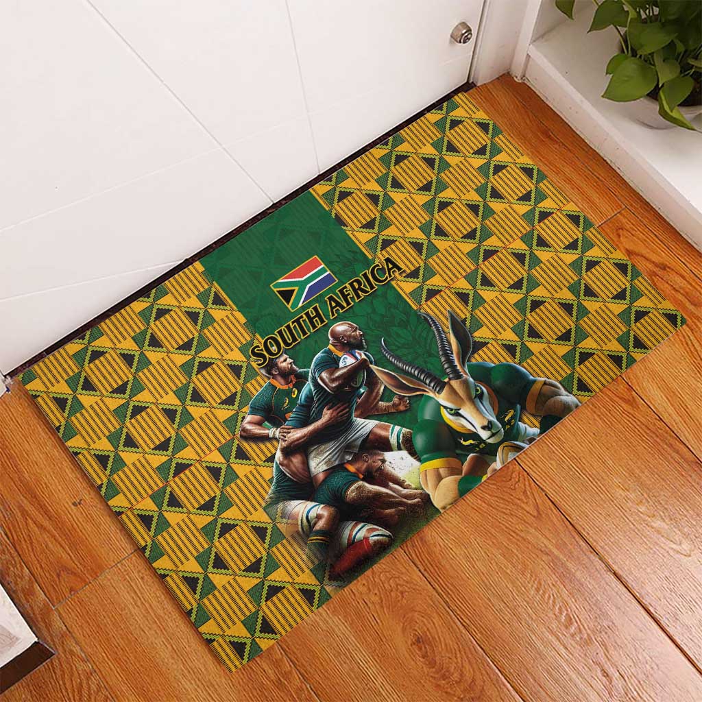 South Africa Rugby Rubber Doormat The Springbok Mascot and Rugby Players Fight for Victory - Wonder Print Shop