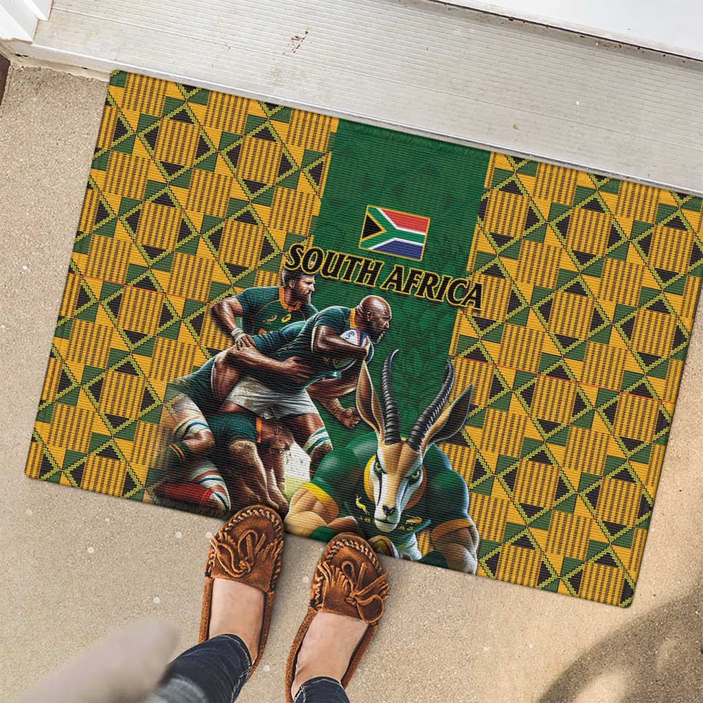 South Africa Rugby Rubber Doormat The Springbok Mascot and Rugby Players Fight for Victory - Wonder Print Shop
