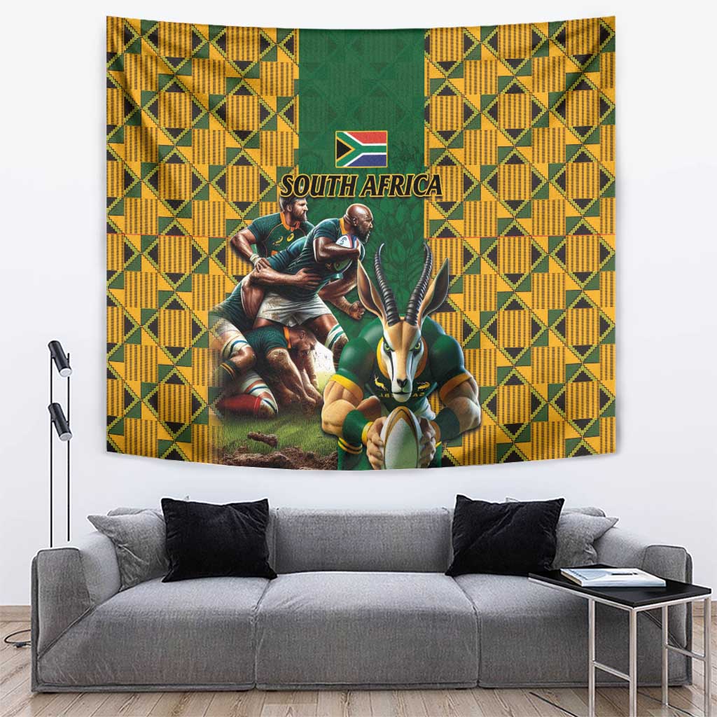 South Africa Rugby Tapestry The Springbok Mascot and Rugby Players Fight for Victory - Wonder Print Shop