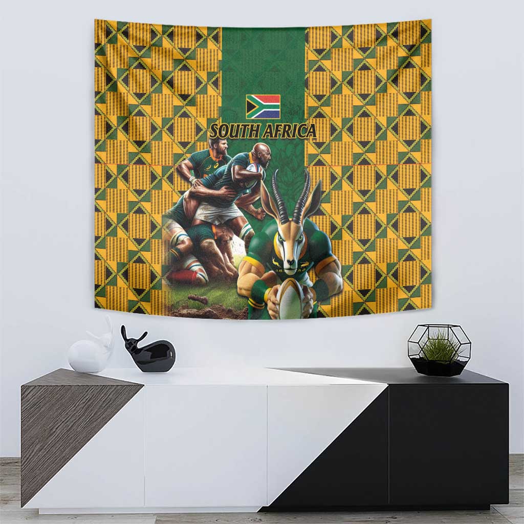 South Africa Rugby Tapestry The Springbok Mascot and Rugby Players Fight for Victory - Wonder Print Shop