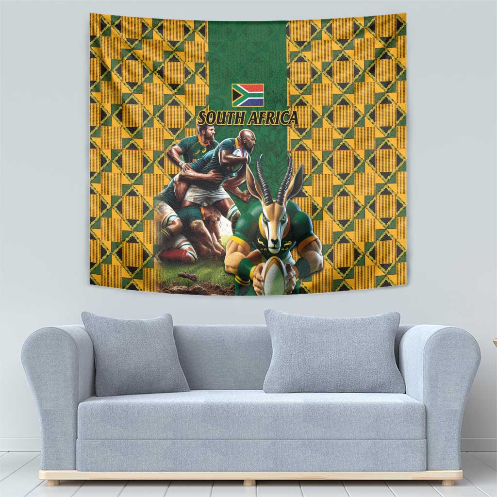 South Africa Rugby Tapestry The Springbok Mascot and Rugby Players Fight for Victory - Wonder Print Shop