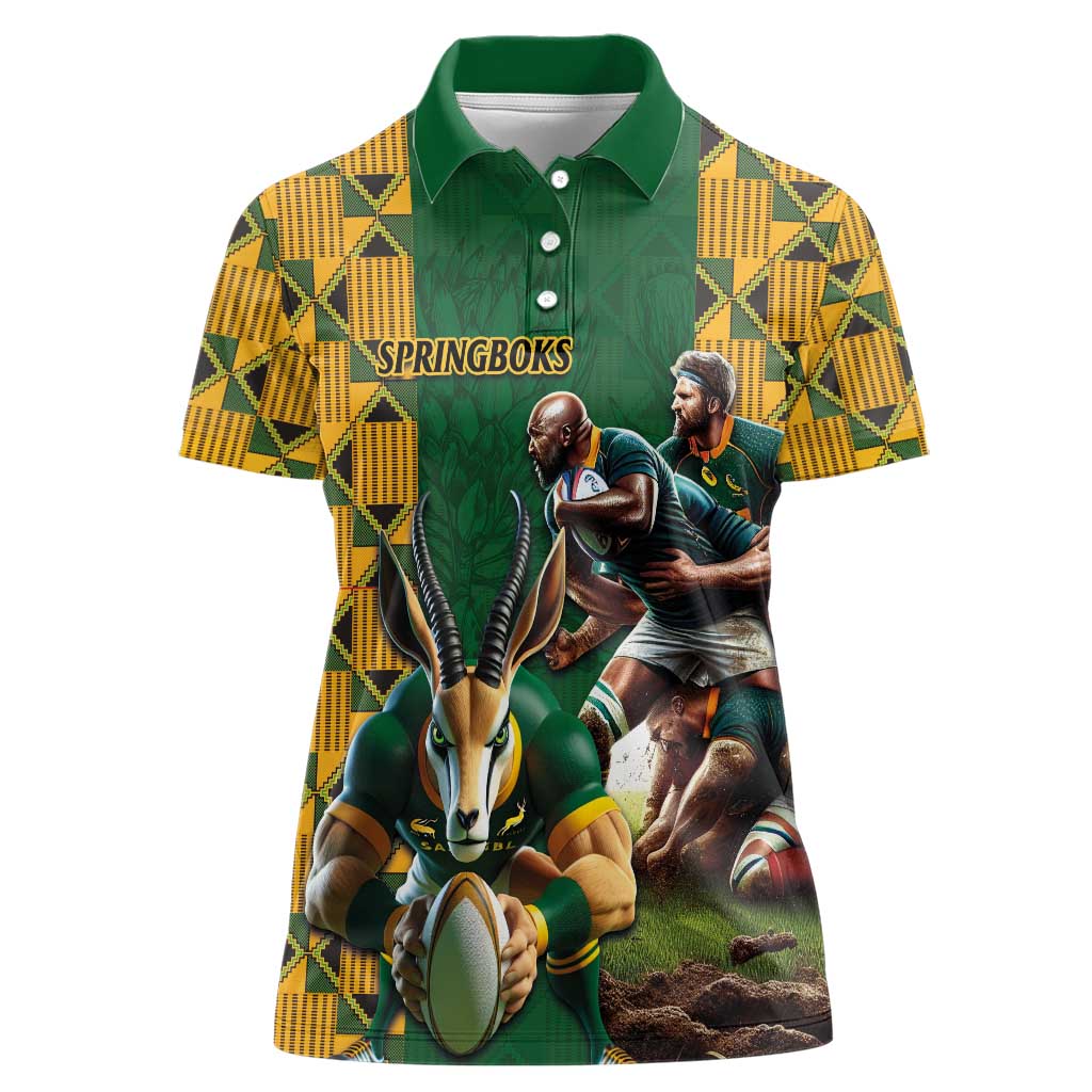 South Africa Rugby Women Polo Shirt The Springbok Mascot and Rugby Players Fight for Victory - Wonder Print Shop