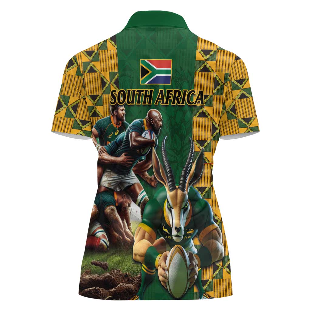 South Africa Rugby Women Polo Shirt The Springbok Mascot and Rugby Players Fight for Victory - Wonder Print Shop
