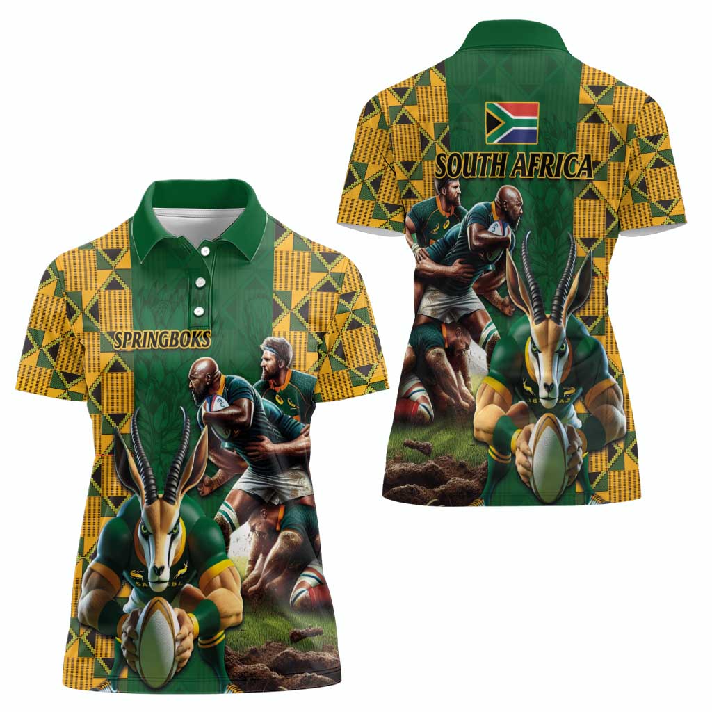 South Africa Rugby Women Polo Shirt The Springbok Mascot and Rugby Players Fight for Victory - Wonder Print Shop