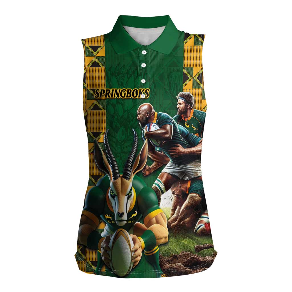 South Africa Rugby Women Sleeveless Polo Shirt The Springbok Mascot and Rugby Players Fight for Victory - Wonder Print Shop