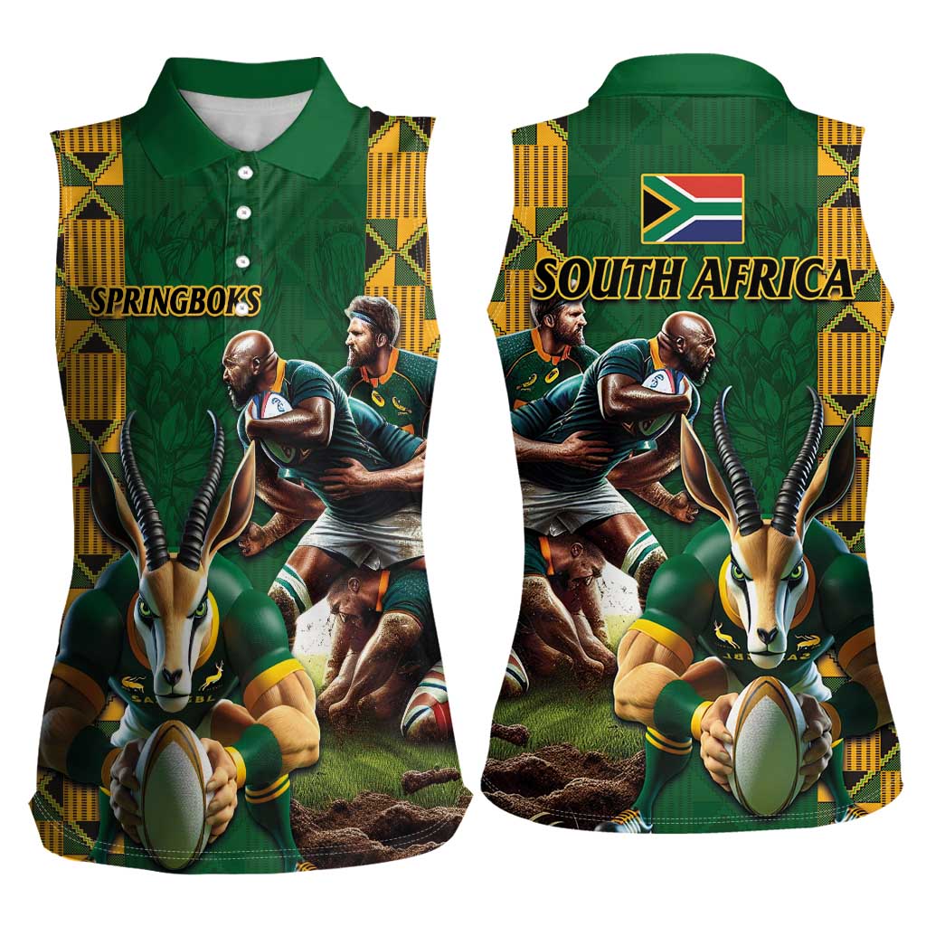 South Africa Rugby Women Sleeveless Polo Shirt The Springbok Mascot and Rugby Players Fight for Victory - Wonder Print Shop