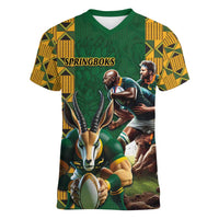 South Africa Rugby Women V-Neck T-Shirt The Springbok Mascot and Rugby Players Fight for Victory - Wonder Print Shop
