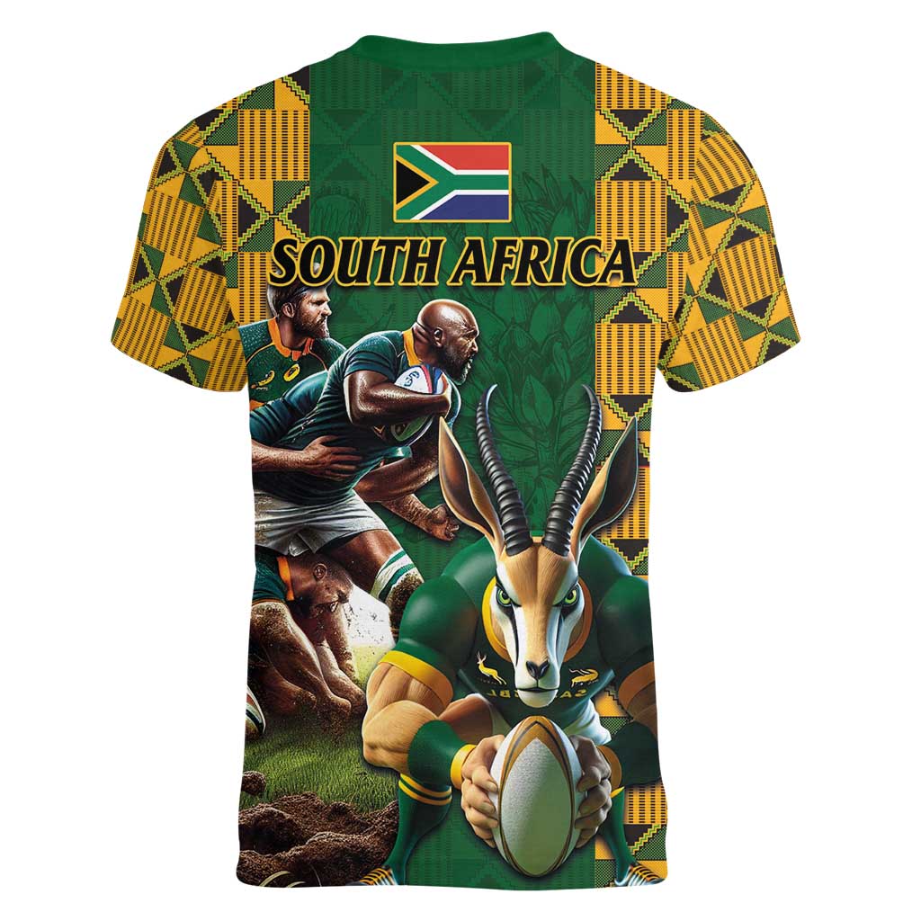 South Africa Rugby Women V-Neck T-Shirt The Springbok Mascot and Rugby Players Fight for Victory - Wonder Print Shop