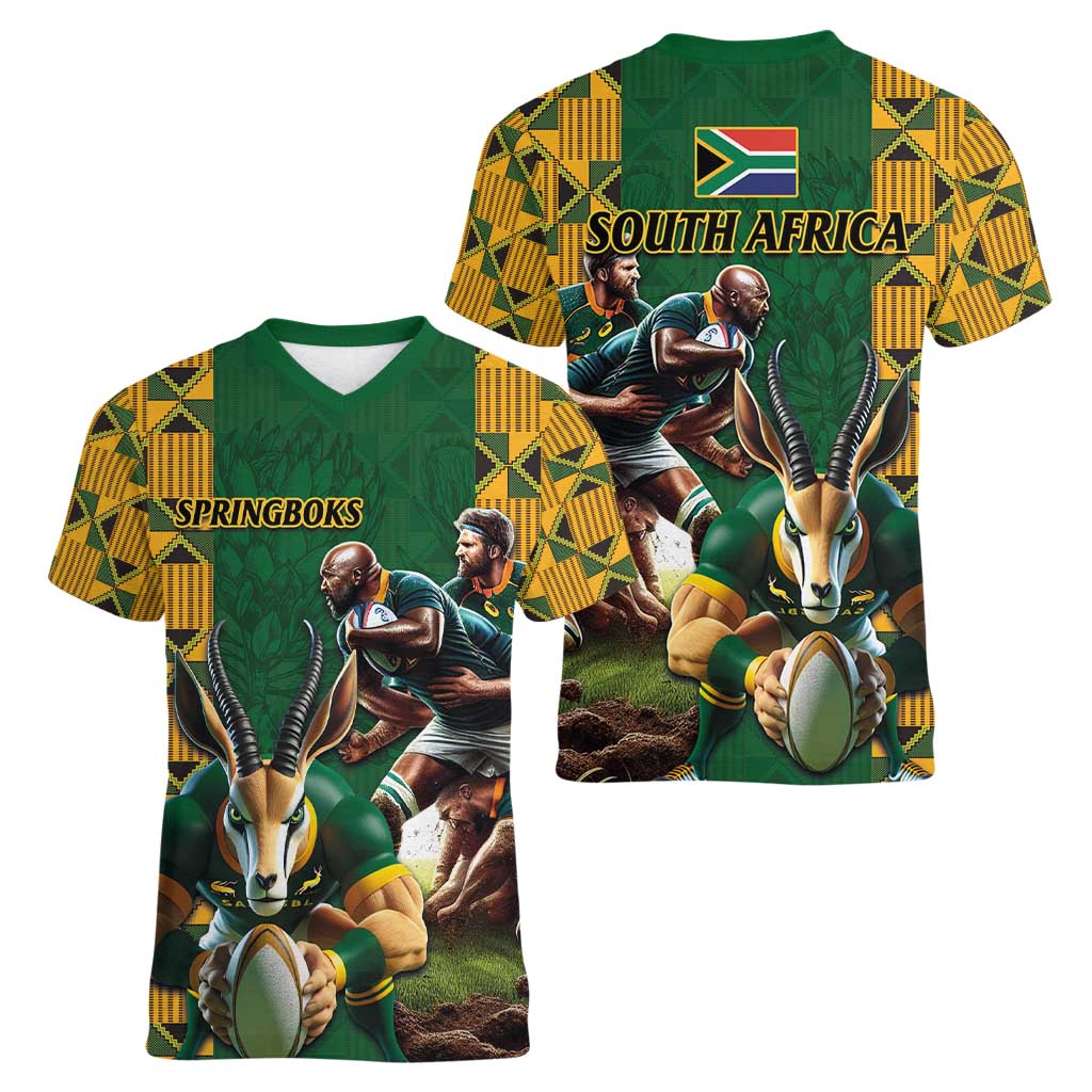 South Africa Rugby Women V-Neck T-Shirt The Springbok Mascot and Rugby Players Fight for Victory - Wonder Print Shop