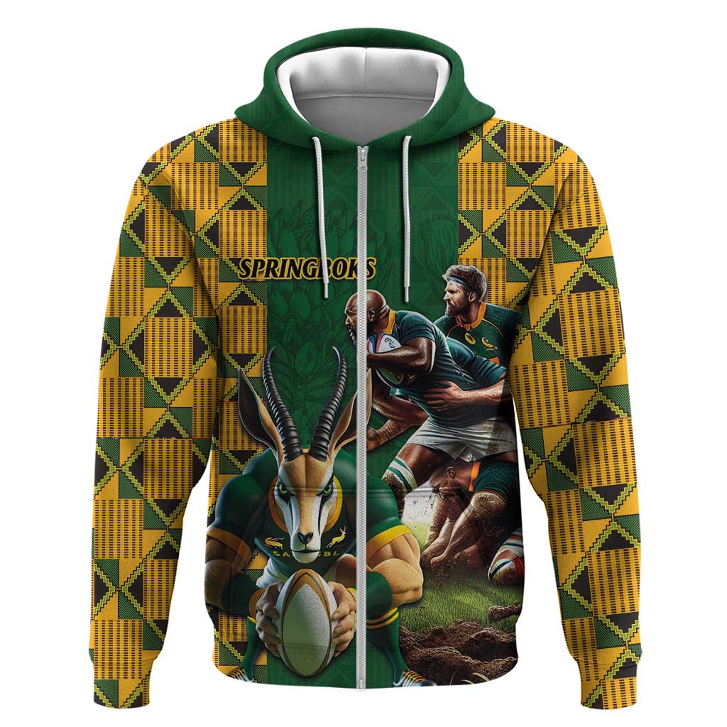South Africa Rugby Zip Hoodie The Springbok Mascot and Rugby Players Fight for Victory - Wonder Print Shop