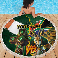 Personalized South Africa Versus Ireland Rugby Beach Blanket The Springbok Mascot and Celtic Cross Together - Wonder Print Shop