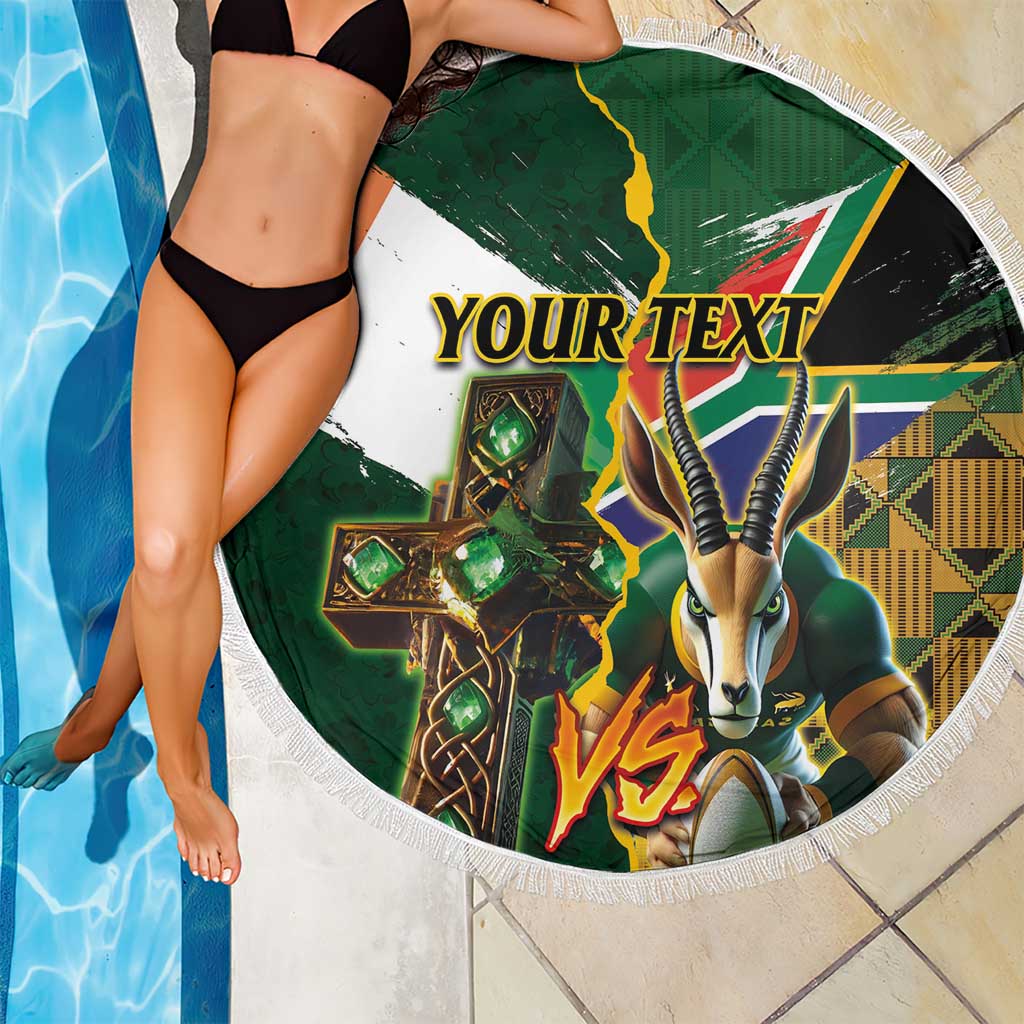 Personalized South Africa Versus Ireland Rugby Beach Blanket The Springbok Mascot and Celtic Cross Together - Wonder Print Shop