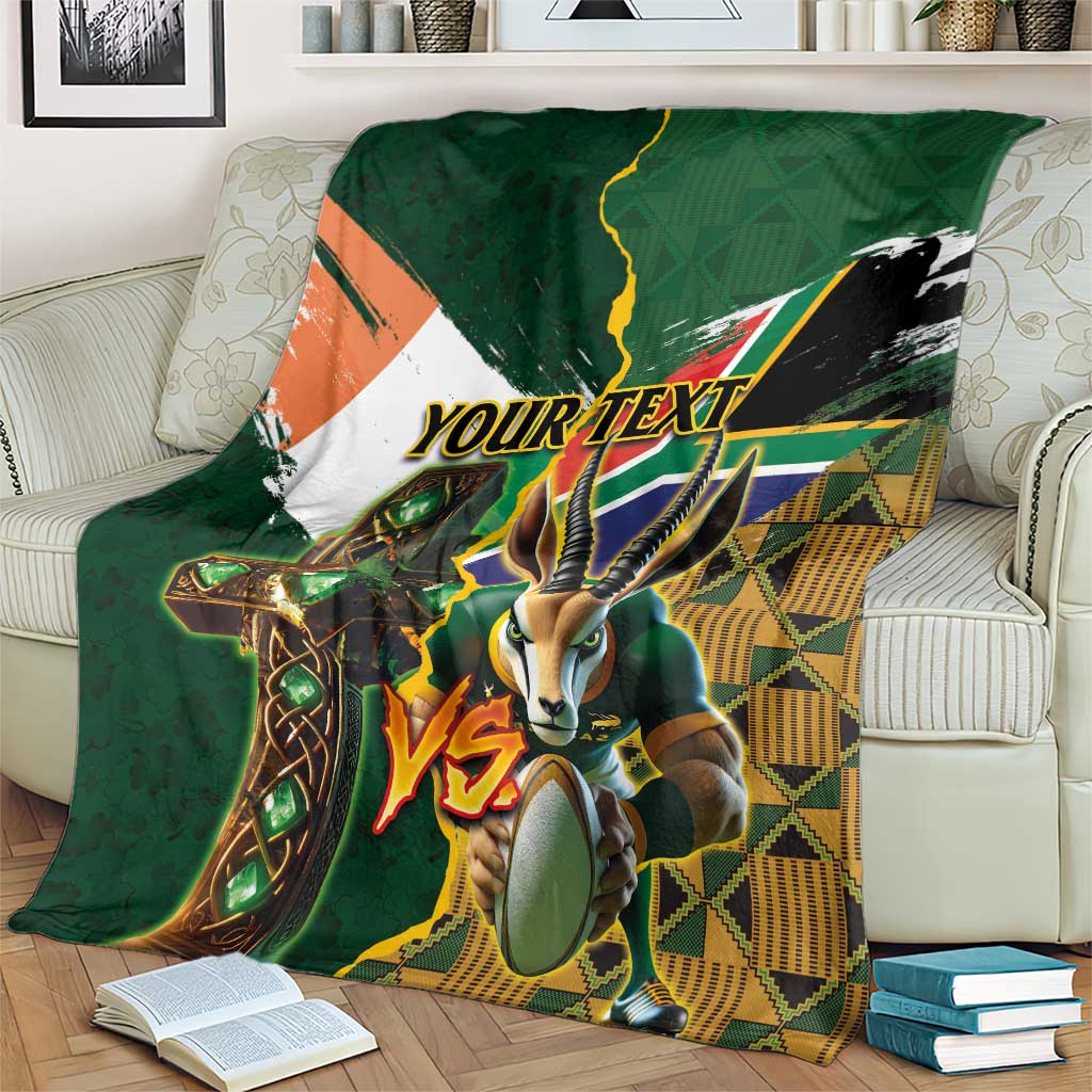 Personalized South Africa Versus Ireland Rugby Blanket The Springbok Mascot and Celtic Cross Together