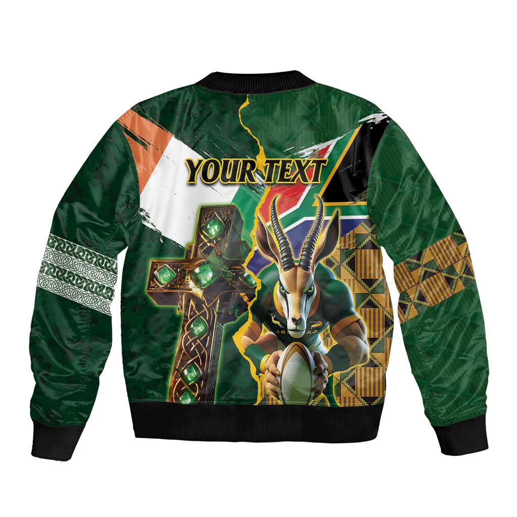 Personalized South Africa Versus Ireland Rugby Bomber Jacket The Springbok Mascot and Celtic Cross Together - Wonder Print Shop