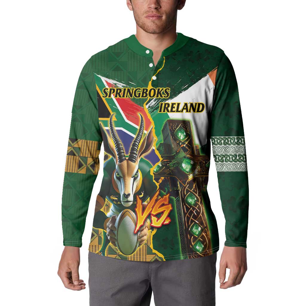 Personalized South Africa Versus Ireland Rugby Button Sweatshirt The Springbok Mascot and Celtic Cross Together - Wonder Print Shop