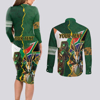 Personalized South Africa Versus Ireland Rugby Couples Matching Long Sleeve Bodycon Dress and Long Sleeve Button Shirt The Springbok Mascot and Celtic Cross Together - Wonder Print Shop