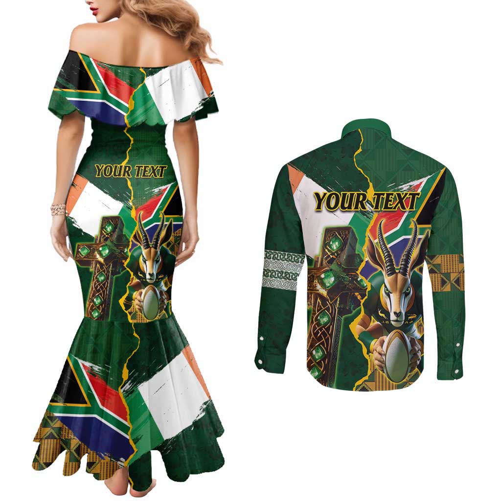 Personalized South Africa Versus Ireland Rugby Couples Matching Mermaid Dress and Long Sleeve Button Shirt The Springbok Mascot and Celtic Cross Together