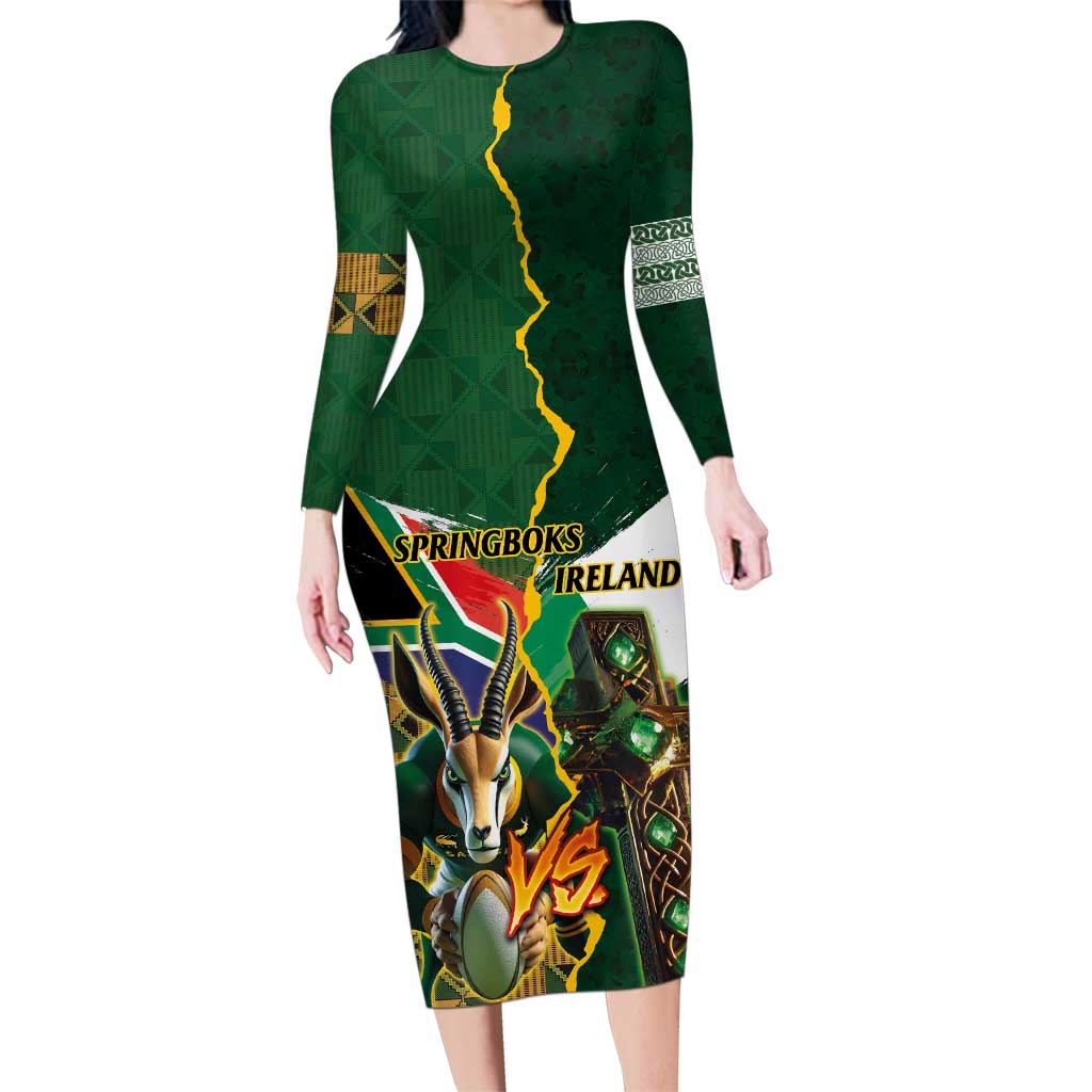 Personalized South Africa Versus Ireland Rugby Family Matching Long Sleeve Bodycon Dress and Hawaiian Shirt The Springbok Mascot and Celtic Cross Together - Wonder Print Shop
