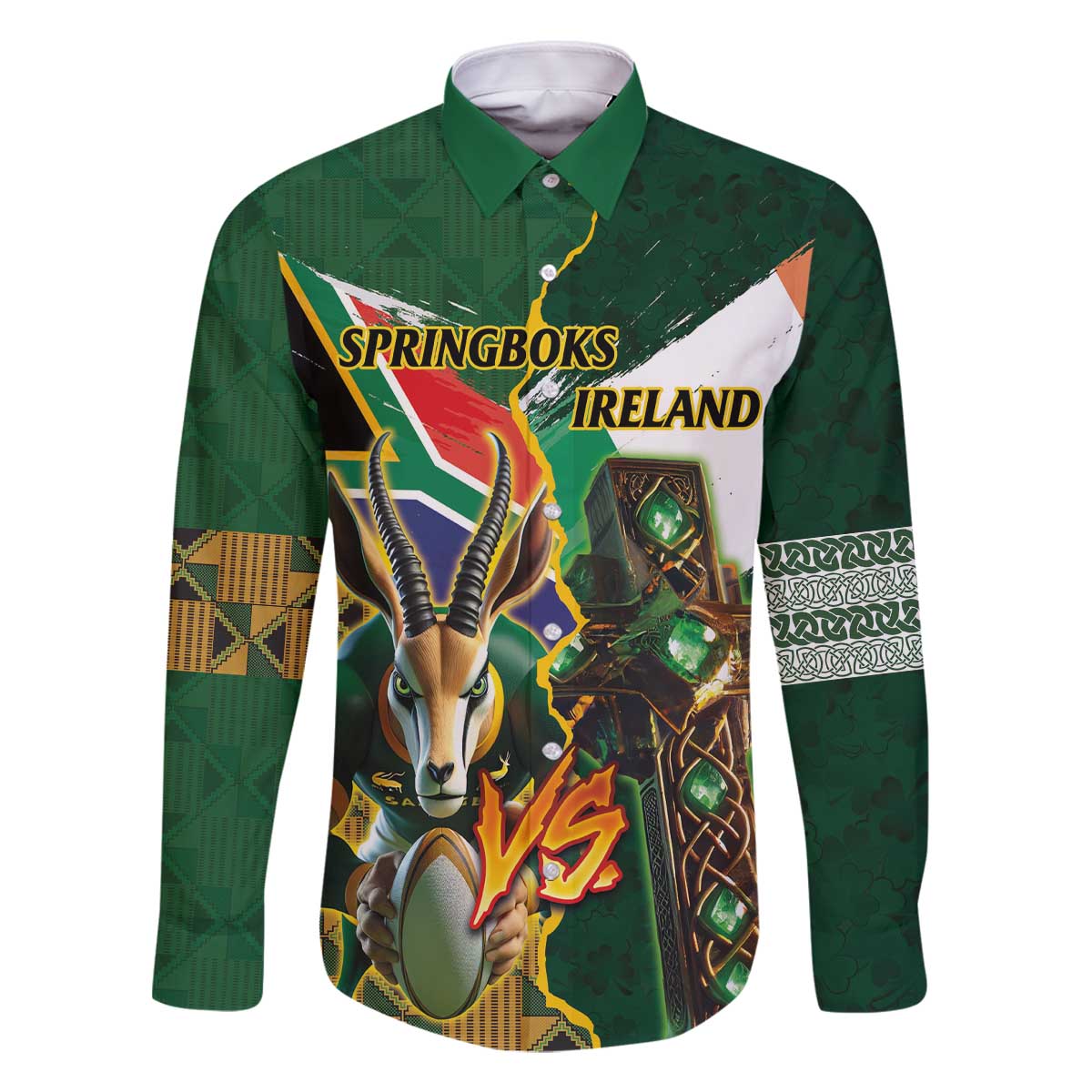 Personalized South Africa Versus Ireland Rugby Family Matching Off Shoulder Short Dress and Hawaiian Shirt The Springbok Mascot and Celtic Cross Together - Wonder Print Shop