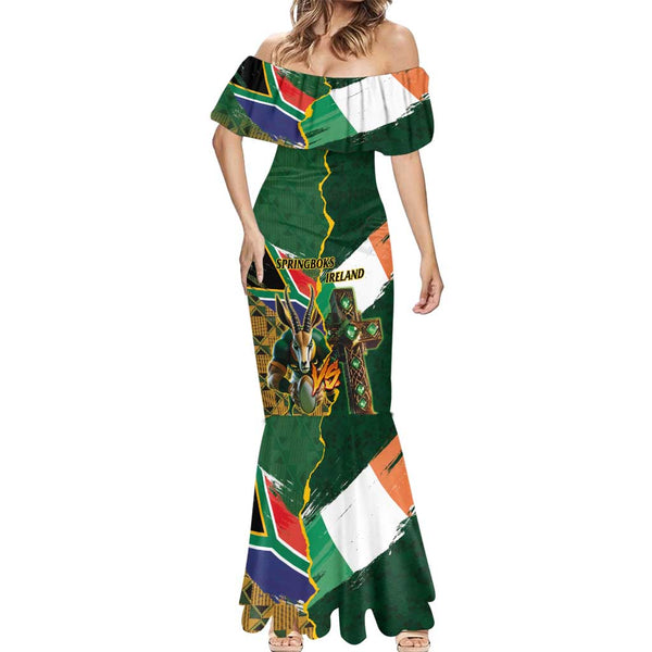 Personalized South Africa Versus Ireland Rugby Off Shoulder Maxi Dress - Springbok Mascot, Celtic Cross Design LT03