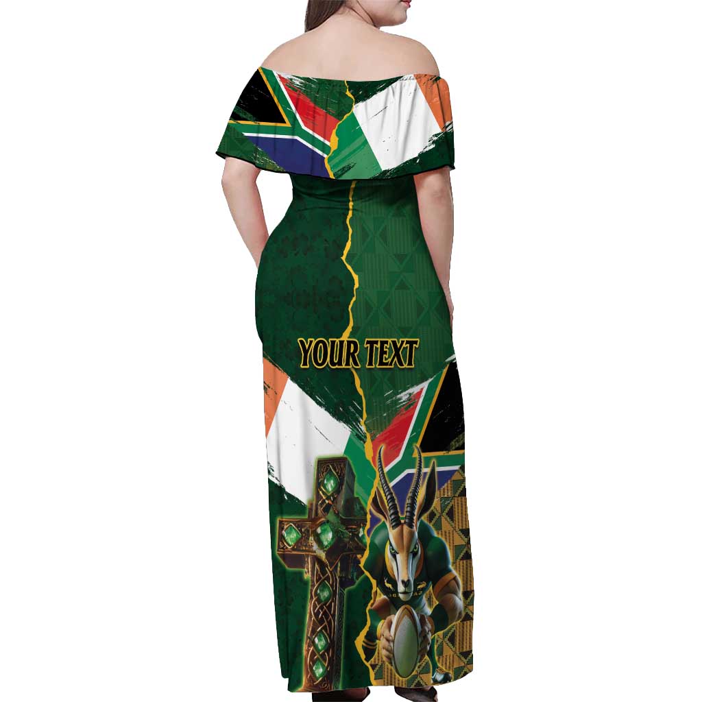 Personalized South Africa Versus Ireland Rugby Off Shoulder Maxi Dress The Springbok Mascot and Celtic Cross Together - Wonder Print Shop