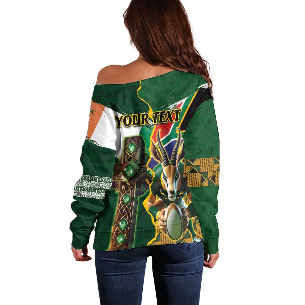 Personalized South Africa Versus Ireland Rugby Off Shoulder Sweater The Springbok Mascot and Celtic Cross Together - Wonder Print Shop