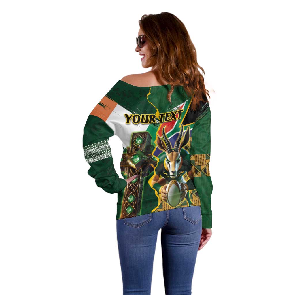 Personalized South Africa Versus Ireland Rugby Off Shoulder Sweater The Springbok Mascot and Celtic Cross Together - Wonder Print Shop