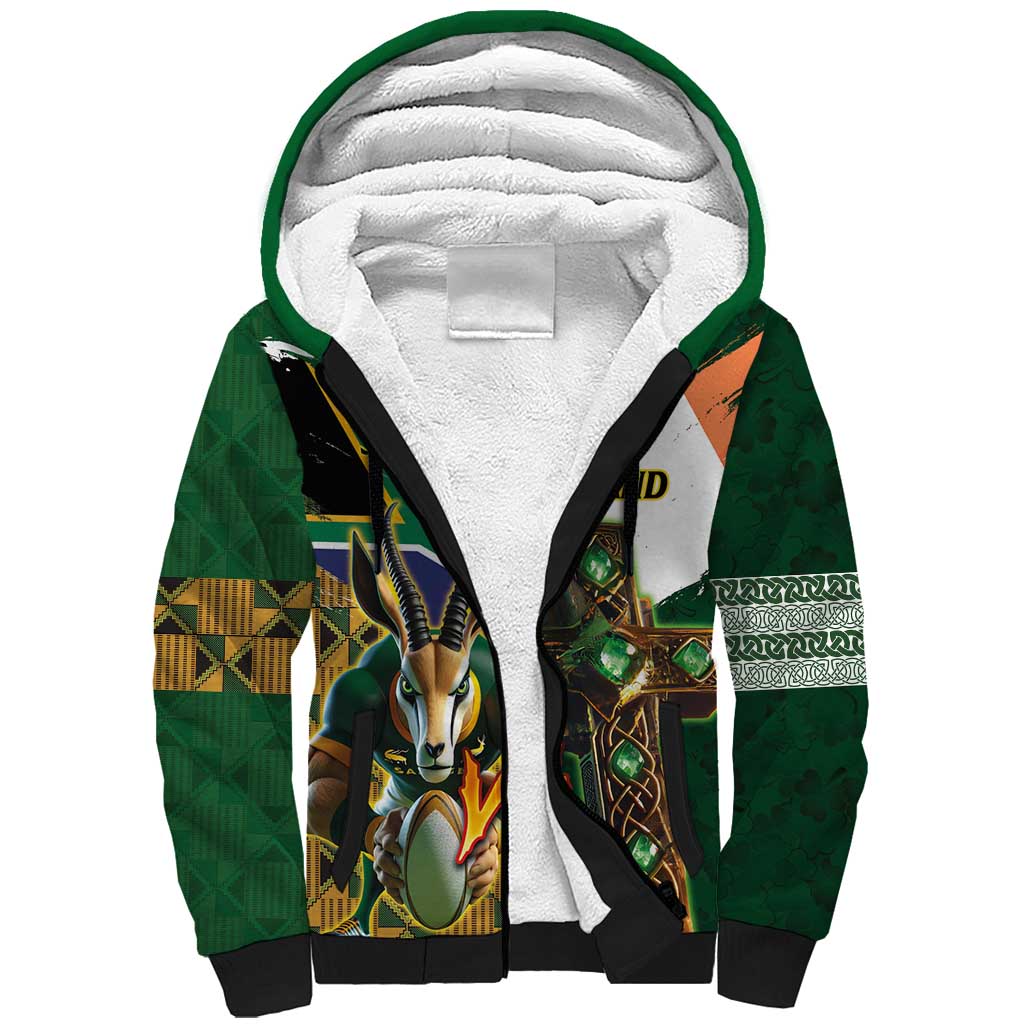 Personalized South Africa Versus Ireland Rugby Sherpa Hoodie The Springbok Mascot and Celtic Cross Together - Wonder Print Shop