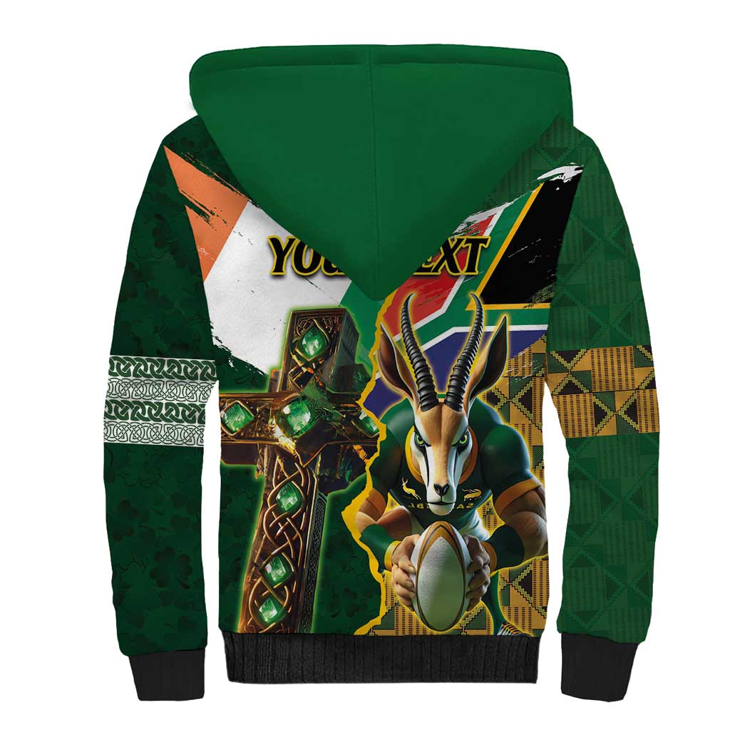 Personalized South Africa Versus Ireland Rugby Sherpa Hoodie The Springbok Mascot and Celtic Cross Together - Wonder Print Shop