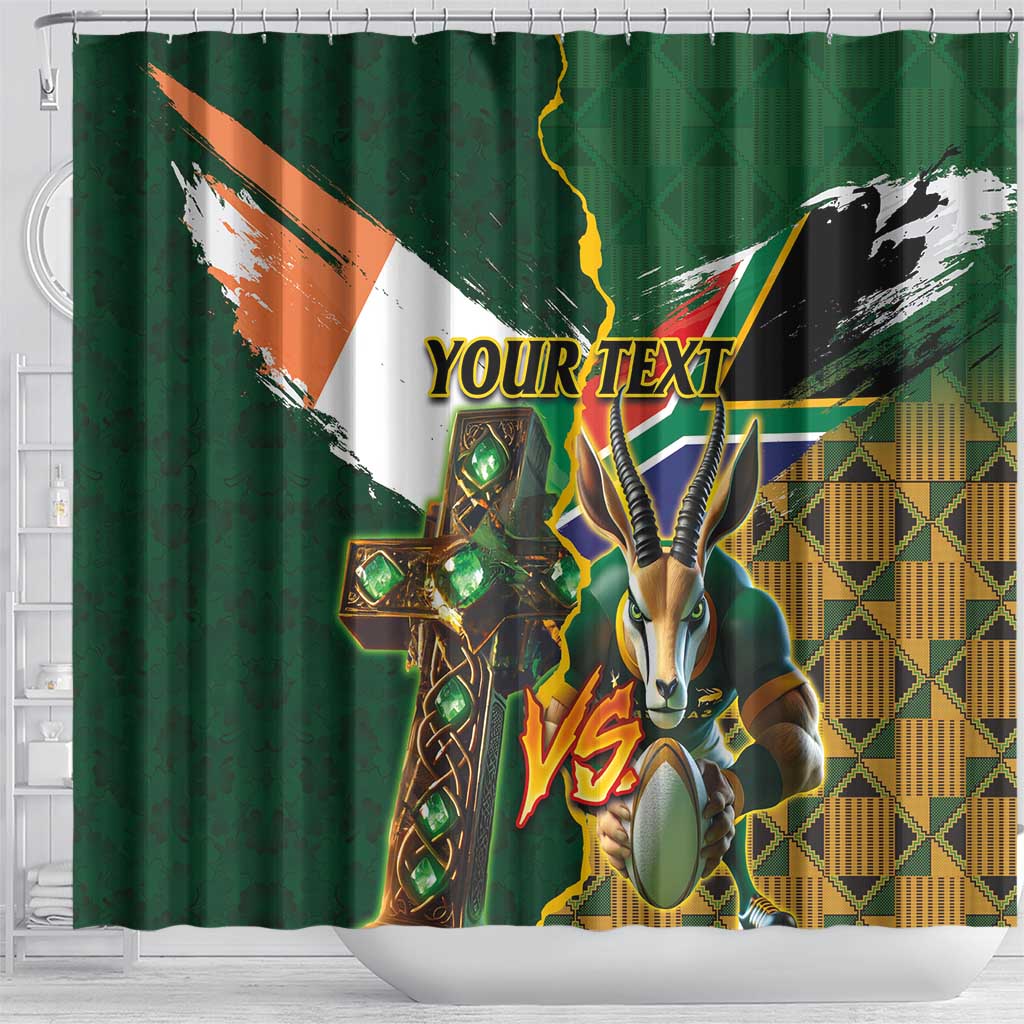 Personalized South Africa Versus Ireland Rugby Shower Curtain The Springbok Mascot and Celtic Cross Together