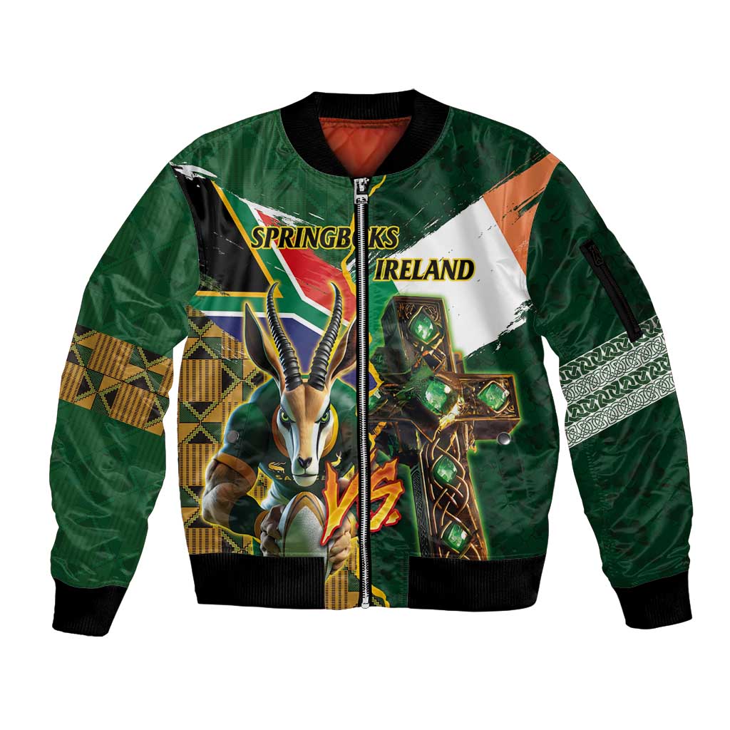 Personalized South Africa Versus Ireland Rugby Sleeve Zip Bomber Jacket The Springbok Mascot and Celtic Cross Together - Wonder Print Shop