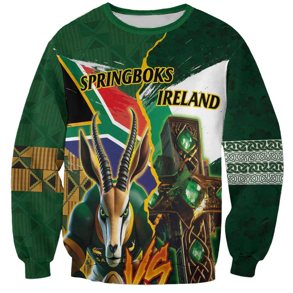 Personalized South Africa Versus Ireland Rugby Sweatshirt The Springbok Mascot and Celtic Cross Together - Wonder Print Shop