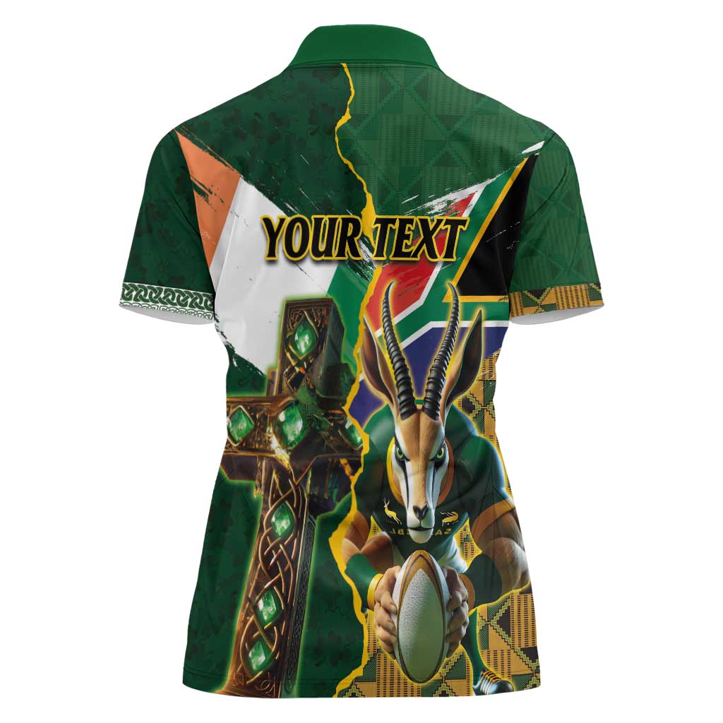 Personalized South Africa Versus Ireland Rugby Women Polo Shirt The Springbok Mascot and Celtic Cross Together - Wonder Print Shop