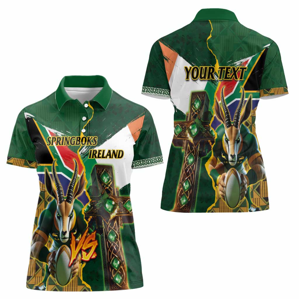 Personalized South Africa Versus Ireland Rugby Women Polo Shirt The Springbok Mascot and Celtic Cross Together - Wonder Print Shop