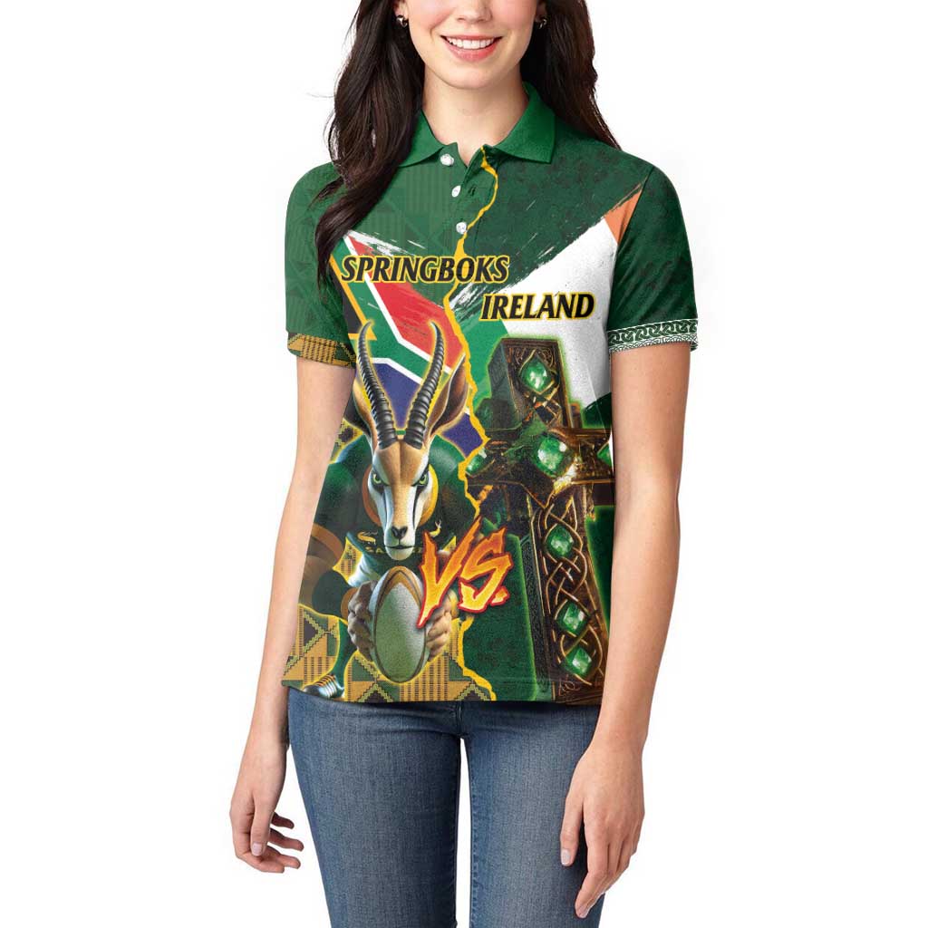 Personalized South Africa Versus Ireland Rugby Women Polo Shirt The Springbok Mascot and Celtic Cross Together - Wonder Print Shop