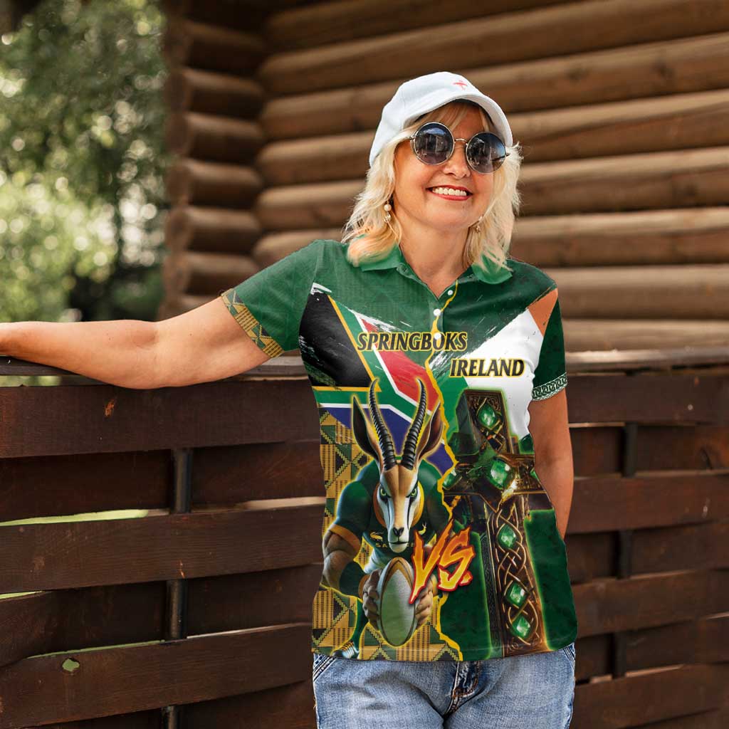 Personalized South Africa Versus Ireland Rugby Women Polo Shirt The Springbok Mascot and Celtic Cross Together - Wonder Print Shop
