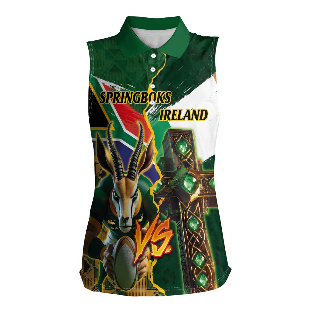 Personalized South Africa Versus Ireland Rugby Women Sleeveless Polo Shirt The Springbok Mascot and Celtic Cross Together - Wonder Print Shop