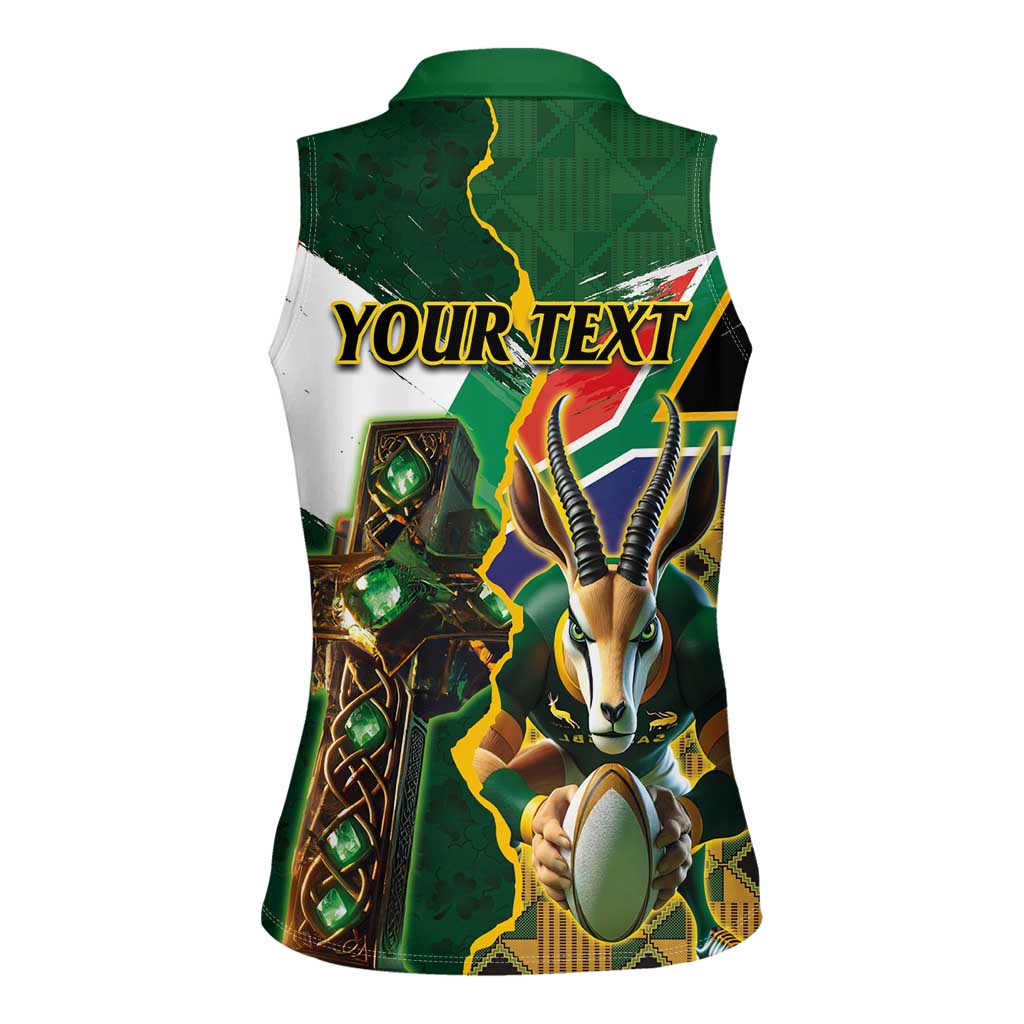 Personalized South Africa Versus Ireland Rugby Women Sleeveless Polo Shirt The Springbok Mascot and Celtic Cross Together - Wonder Print Shop