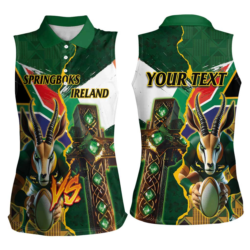 Personalized South Africa Versus Ireland Rugby Women Sleeveless Polo Shirt The Springbok Mascot and Celtic Cross Together - Wonder Print Shop