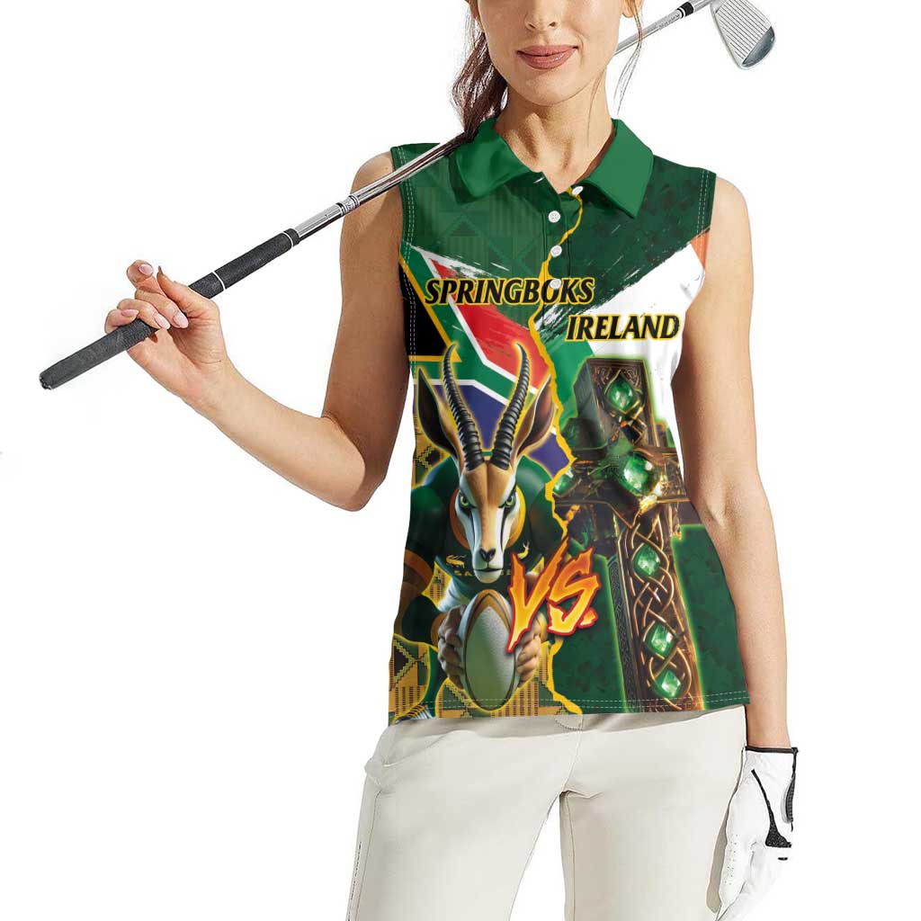 Personalized South Africa Versus Ireland Rugby Women Sleeveless Polo Shirt The Springbok Mascot and Celtic Cross Together - Wonder Print Shop