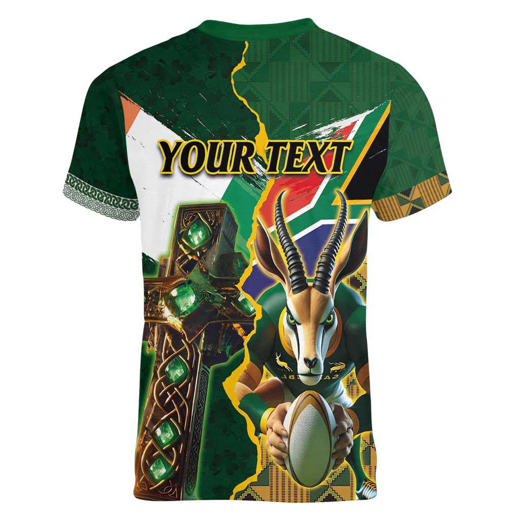 Personalized South Africa Versus Ireland Rugby Women V-Neck T-Shirt The Springbok Mascot and Celtic Cross Together - Wonder Print Shop