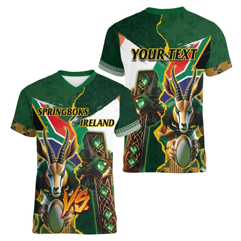 Personalized South Africa Versus Ireland Rugby Women V-Neck T-Shirt The Springbok Mascot and Celtic Cross Together - Wonder Print Shop